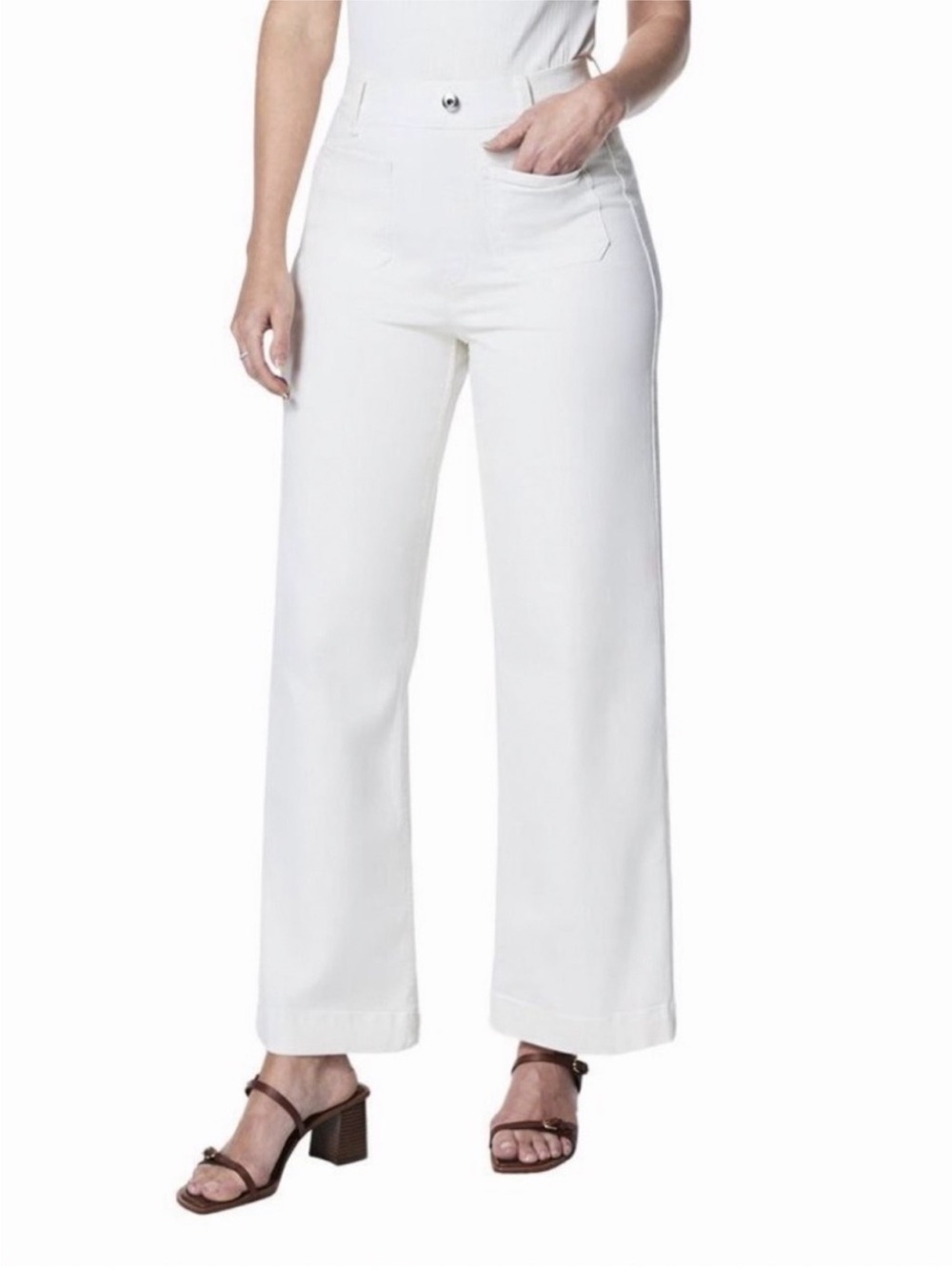 Spanx ecru pull on front pocket wide crop jeans